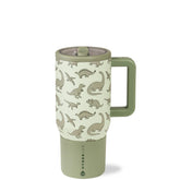 HydroJug Kids 20-oz insulated bottle with dinosaur design keeps drinks cold at school.