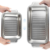 Hygie Rinse over-the-sink colander extendable for versatile sink fits and quick rinsing.