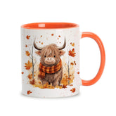 Hyturtle Fall Highland Cow Maple Leaves mug front view for autumn coffee moments.