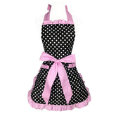 Hyzrz cute apron with retro black polka dots and side pink pockets for stylish home cooking.