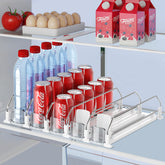 IBORING drink organizer fridge front view showing five-row capacity for cans.