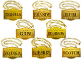 IcyPeak decanter tags with golden labels for gin, vodka, and more.