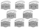 IcyPeak silver decanter tags set on glass bottles for quick spirit identification.