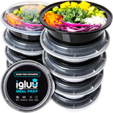 Igluu Meal Prep round 28oz container with lid keeps meals fresh and portable.