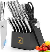 Imarku knife set on acacia block showcases all-in-one kitchen versatility for daily prep.