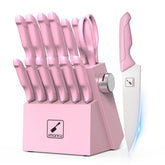 imarku knife set with block showing pink accents for built-in sharpener convenience