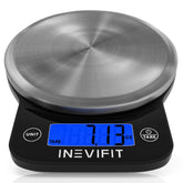 INEVIFIT digital scale with brushed stainless steel platform for precise meal weighing.
