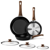 Innerwell 3pc frying pan set with 8-inch pan and lid, ideal for quick breakfasts.