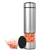 innhom electric salt grinder overview highlighting stainless steel body and clear chamber for easy monitoring