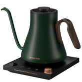 INTASTING electric kettle forest green front view highlights precise gooseneck pour for pour-over.