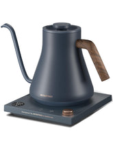 INTASTING electric kettle in navy blue with gooseneck spout for precise pour-over control.
