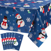Irenare snowman tablecloth blue full view covering a large Christmas table