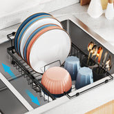 iSPECLE expandable sink dish rack extended length demonstrating capacity for larger loads and tall cups.