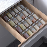 Jadehom spice drawer organizer in clear acrylic with four expandable tiers for easy access.