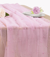 JALANCY pearl table runner in pink tulle with pearls for elegant weddings