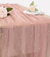 JALANCY pearl tulle table runner in dusty pink adds elegant backdrop for weddings