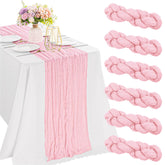 JALANCY pink cheesecloth table runner front view highlights soft texture for romantic weddings.