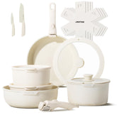 JEETEE 17pc nonstick pots and pans set in beige finish.