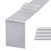 Jevix silver table runner on banquet table adds elegant ambiance.