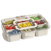 J-hong divided veggie tray with lid and handle showing nine compartments for organized snacks.