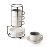 JIEMEI HOME porcelain espresso cups stacked on a metal stand for tidy serving.