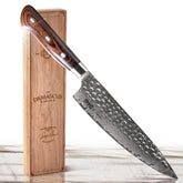 Jikko Damascus Edition gyuto knife with 8.5-inch blade for precise slicing.