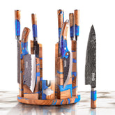 Jikko Eternal Wave magnetic knife block in olive wood keeps blades dry and organized.