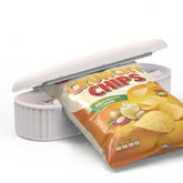 JIMEZON mini bag sealer in use sealing a snack bag quickly and neatly