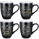 Jinei 4-piece Christian coffee mugs set in black stoneware with scripture quotes for daily inspiration.