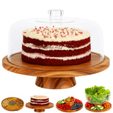 JOEY'Z acacia wood cake stand with lid, secure dome keeps desserts fresh.