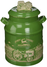 John Deere milk can cookie jar front view for farmhouse kitchen display or gifting.