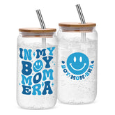 JOSTTER glass cup with 'In My Boy Mom Era' for cozy coffee moments.
