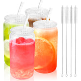 Joyclub 4pc glass cups with acrylic lids and straws, perfect for 16oz iced coffee.