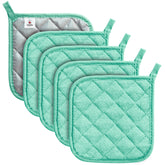 JoyHalo 5-pack pot holders in terry cloth stacked, protects surfaces during cooking.