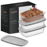 JoyJolt glass loaf pan set with lid, front view, ready for baking and storage.