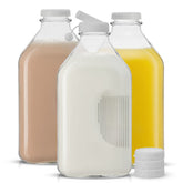 JoyJolt glass milk bottle with lids and pourer for mess-free pouring