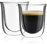JoyJolt Javaah double-walled espresso glasses show a floating coffee effect in a compact 2-ounce cup