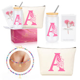 JSENGIFT 16oz initial glass cup with bamboo lid and straw for stylish hydration