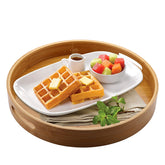Jucoan bamboo serving tray top view highlights natural grain and sturdy round design for serving.