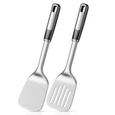 JULIPRO stainless steel spatula set with solid-slotted design for versatile cooking tasks.