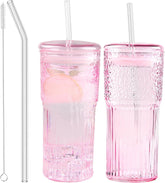 JunVpic 20oz pink embossed glass cups with lids and straw for spill-resistant iced drinks.