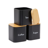 Juvale black iron square canister set on countertop for organized coffee, tea, and sugar storage.