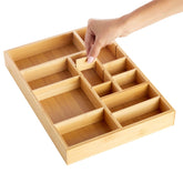 Juvale bamboo drawer organizer tray with eight slots for utensils and office essentials.