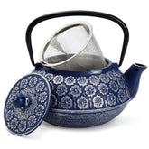 Juvale blue teapot with cast iron body ready for stovetop brewing
