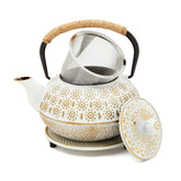 Juvale stovetop cast iron tea kettle with infuser pours smoothly for rich aroma.