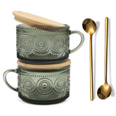 JVJRFQ vintage green embossed glass mug for stylish morning coffee.