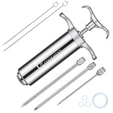 JY COOKMENT meat injector barrel shows 2 oz capacity for even flavor penetration