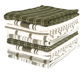 KAF Home assorted flat kitchen towels olive pack on display, highly absorbent for quick drying tasks.