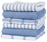 KAF Home premium kitchen towels in faded denim flat set ready for drying and cooking.