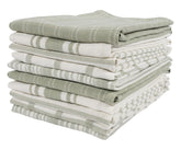 KAF Home Sage flat kitchen towels close-up, 18x28, highly absorbent for quick dish drying.
